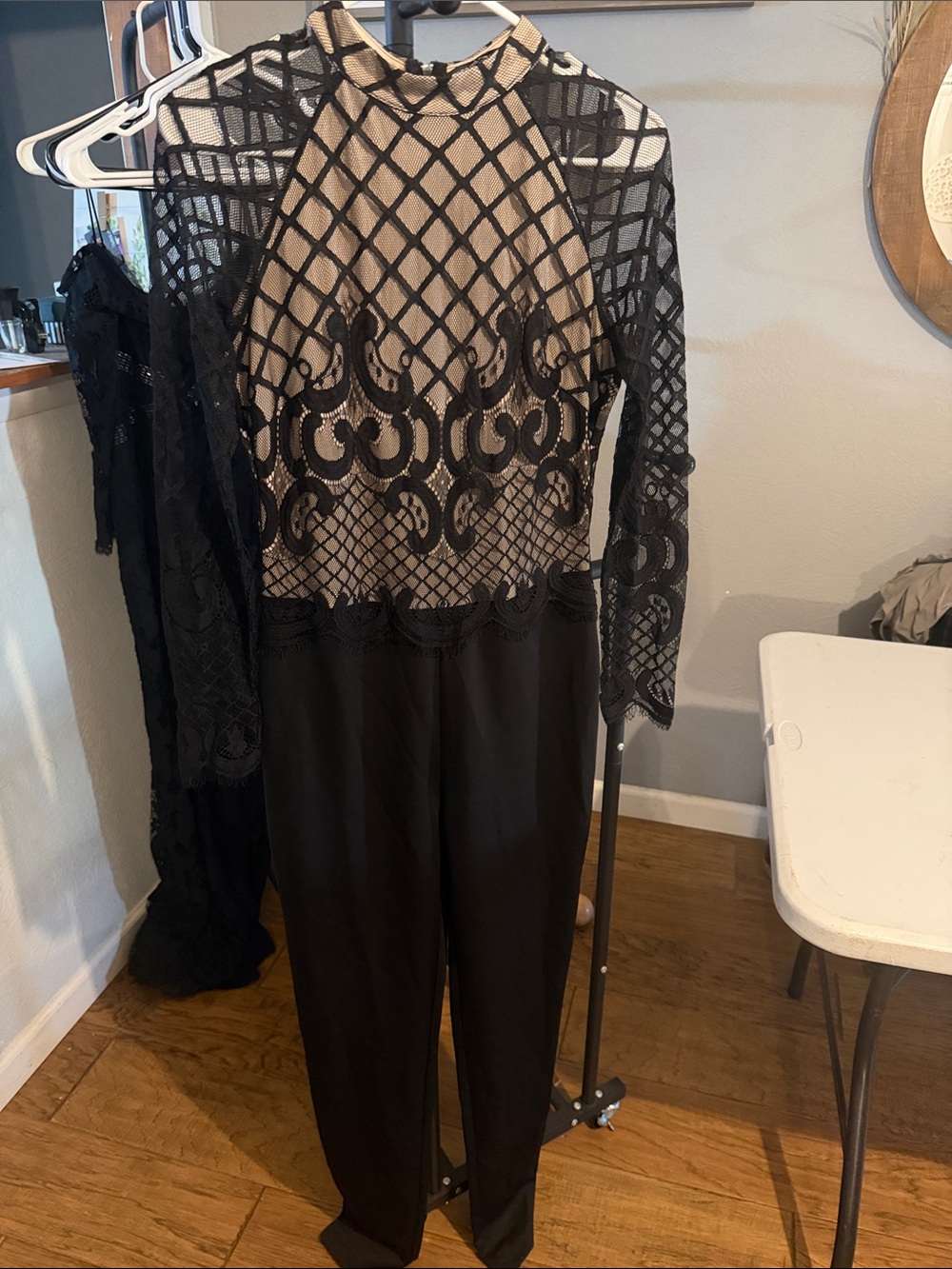 Black Lace Overlay Jumpsuit with Nude Underlay